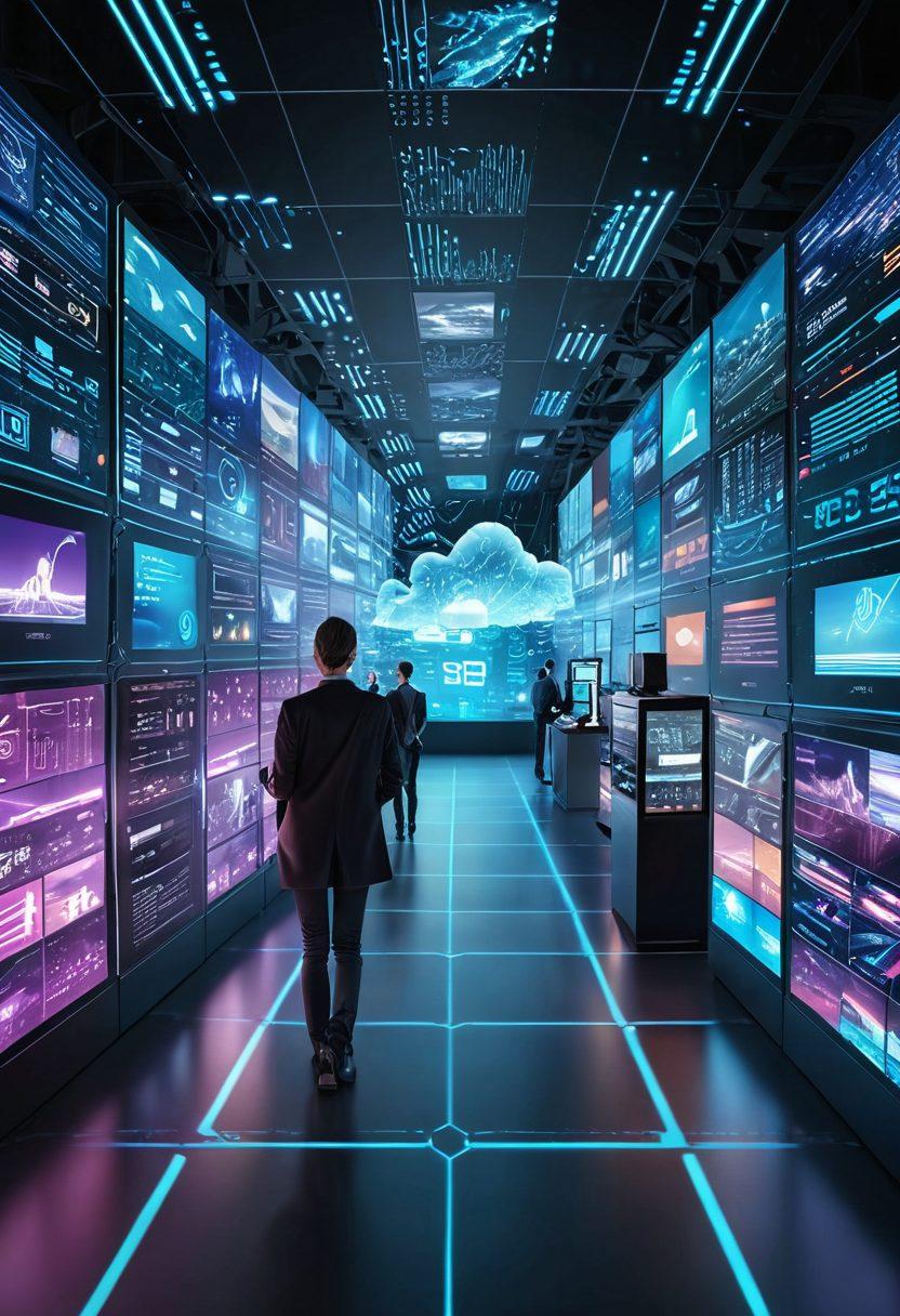 A futuristic digital landscape showcasing a bustling online marketplace, cloud servers interlinked with data streams, and a dynamic app development screen with code and interfaces. Holographic elements highlight different technological features. super-realistic. vibrant colors. virtual reality aesthetics.
