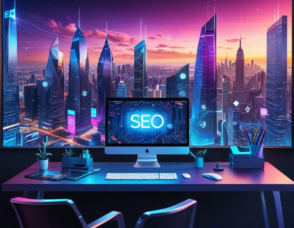 A futuristic workspace with a sleek computer displaying a vibrant website, surrounded by holographic icons representing SEO, digital marketing, and web design. Background includes skyscrapers made of digital code, symbolizing the digital landscape. Super-realistic. vibrant colors. futuristic vibe.