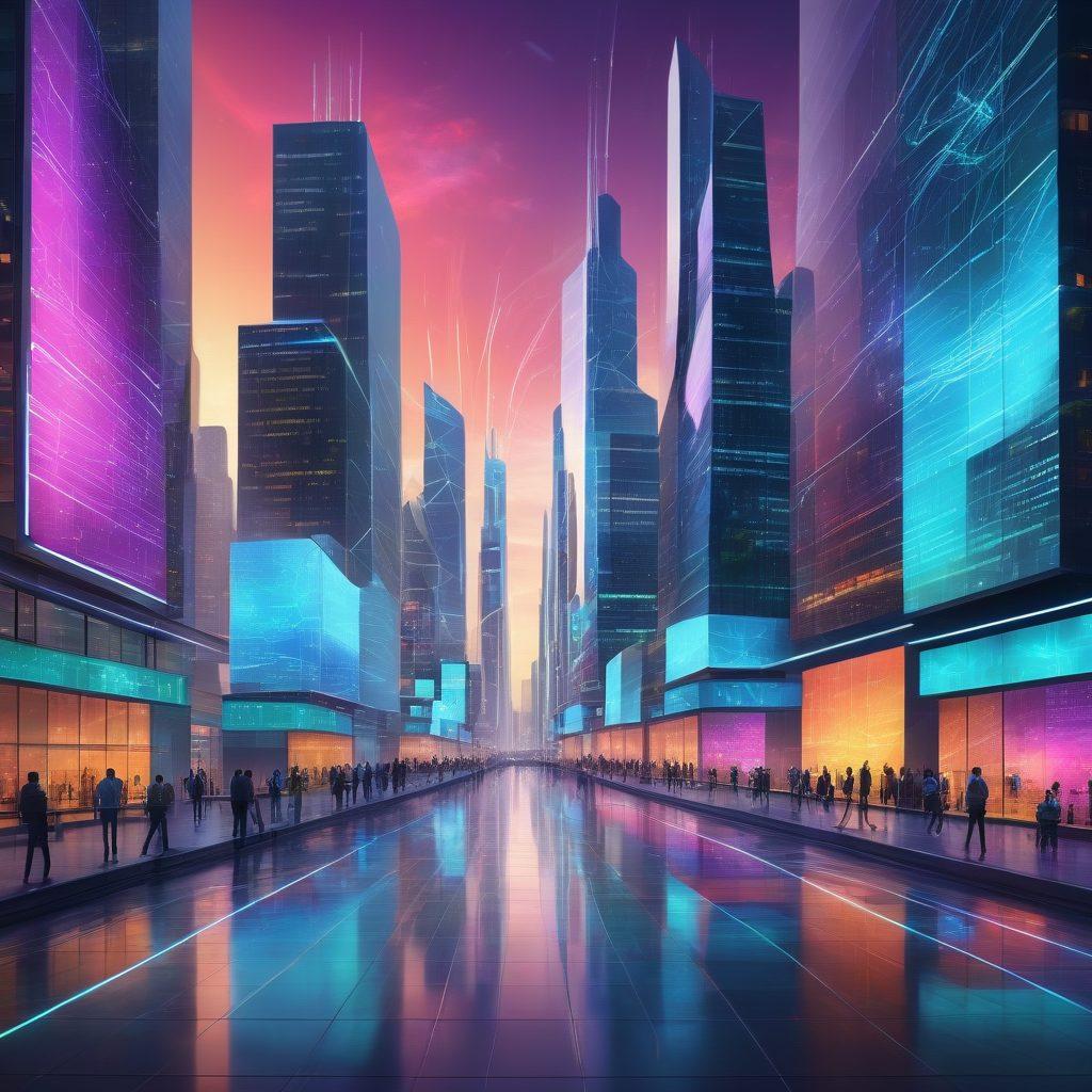 A futuristic digital cityscape showcasing advanced web development and technological services, with holographic interfaces, sleek buildings, and interconnected web of data streams. A diverse group of dynamic professionals engaged in coding, network management, and creative design, with vibrant digital screens illustrating complex programming languages, cloud services, and interactive user interfaces. super-realistic. vibrant colors. urban background.